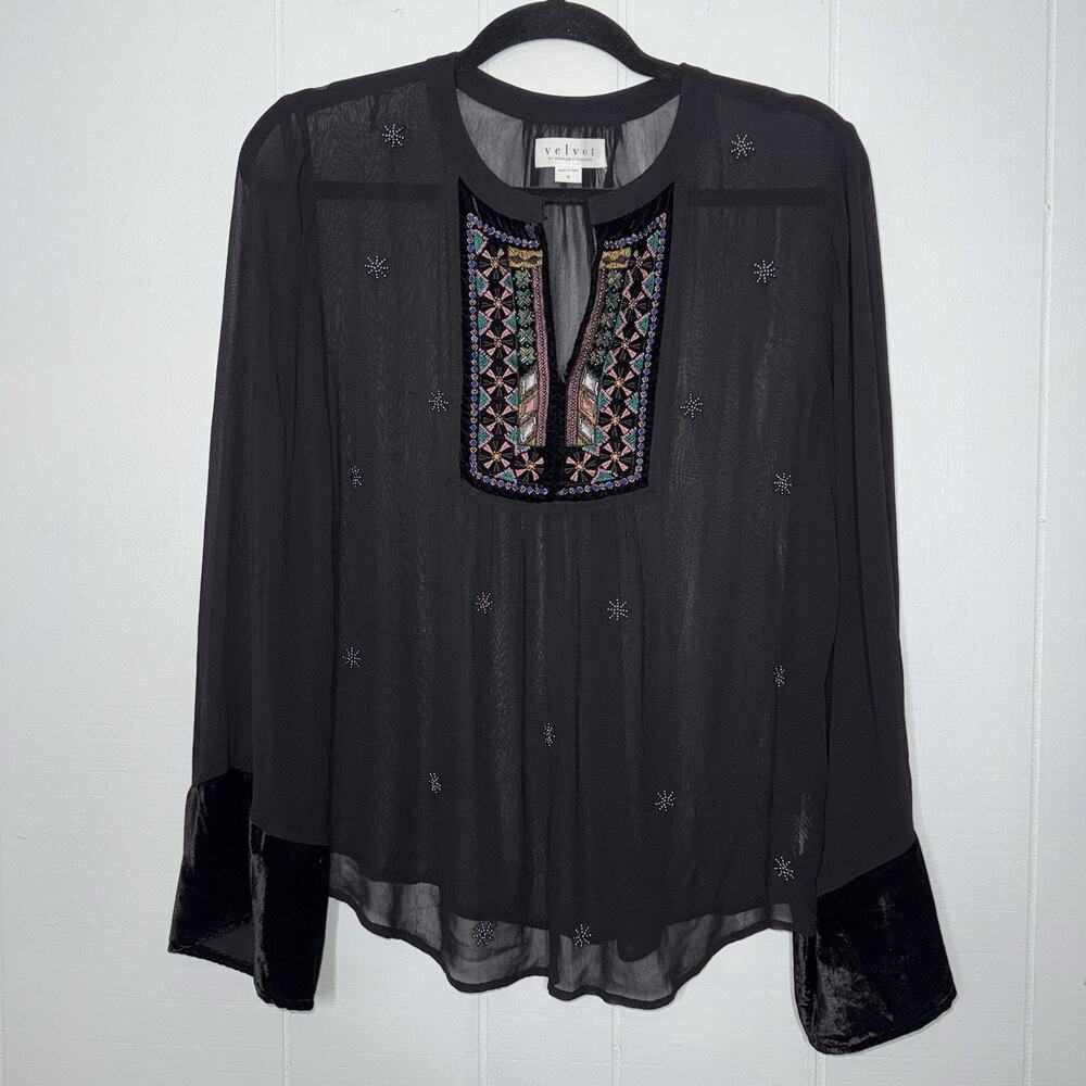 Velvet By Graham & Spencer Women’s Velvet Trimmed Embellished Blouse Black Small